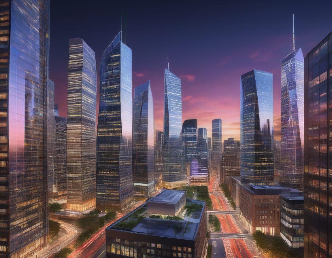 A dynamic city skyline at dusk, showcasing modern high-rise buildings and vibrant lights, symbolizing growth and opportunity. Overlayed with visual elements such as graphs indicating rising market trends and illustrated keys unlocking doors to investment potential. A diverse group of people (investors) analyzing market strategies together. super-realistic. vibrant colors. 3D.