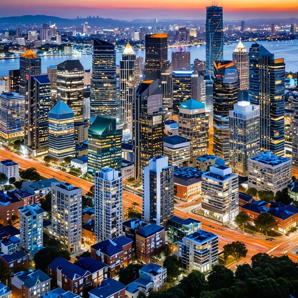 A dynamic city skyline featuring modern high-rise buildings and various residential properties, overlayed with colorful statistical graphs indicating market trends. In the foreground, a diverse group of investors discussing strategies while analyzing property listings on a digital tablet. The scene should convey a sense of growth and opportunity. vibrant colors. super-realistic.