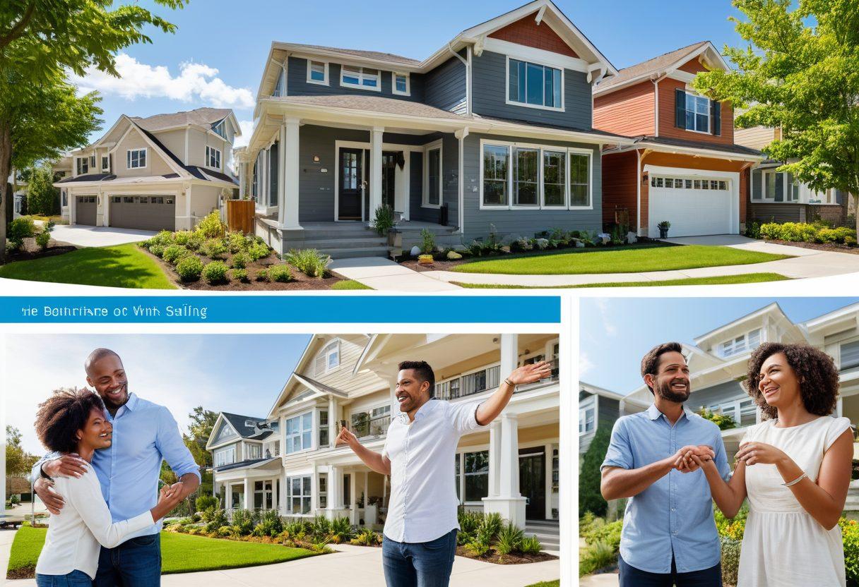 A split image depicting the journey of home buying and selling, with one side showing a smiling family holding keys outside their new home, while the other side features a confident seller shaking hands with a buyer in a well-staged living room. Include elements like 'SOLD' signs, open houses, and neighborhood maps in the background. Use warm, inviting colors to convey a sense of new beginnings and opportunities. super-realistic. vibrant colors. white background.